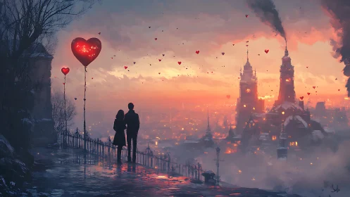 Couple in Love Under Floating Hearts at Sunset.