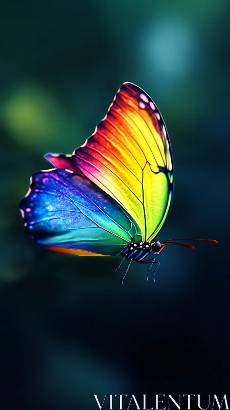 Prismatic forest butterfly drifting on luminous twilight air.