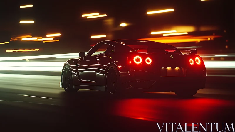 Midnight sports car ride through glowing city lights.