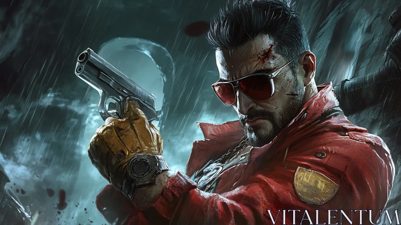 Armed male figure in red jacket under rain, digital render.