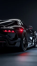 Sleek black sports car rear with glowing taillights in studio.