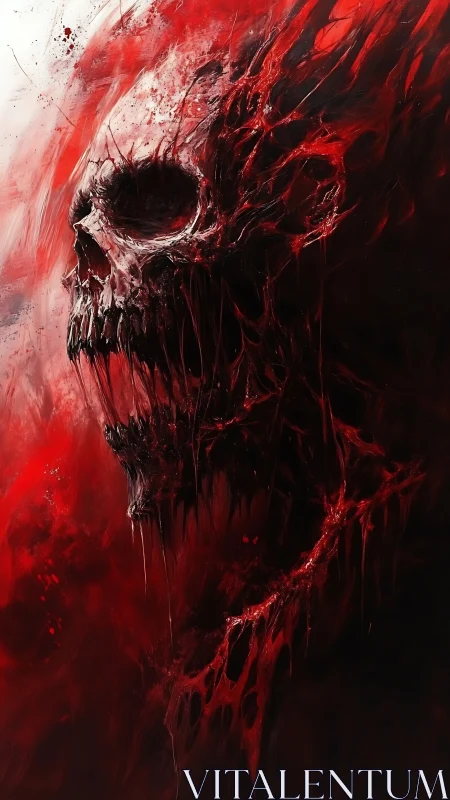 Fiery crimson skull emerges from swirling shadows and flame
