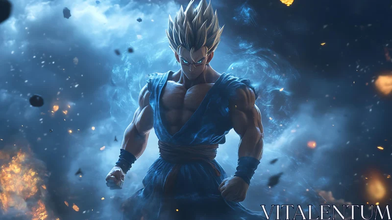 Digital painting of muscular anime warrior in storm aura.