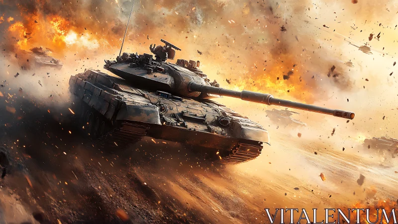 Steel warbeast charges through a blazing battlefield inferno.