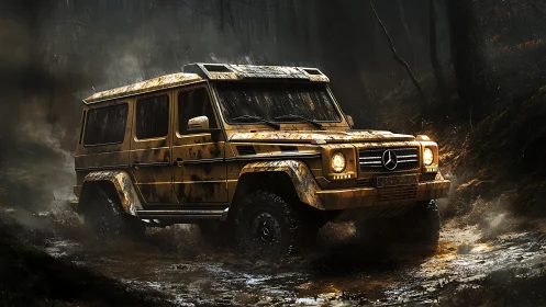 Mud covered Mercedes SUV driving through dark forest trail.