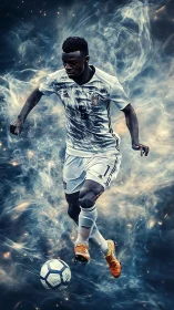 Soccer player dribbles ball through swirling cosmic smoke