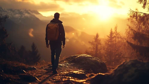Lone hiker walks into blazing mountain sunset glow.