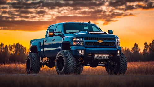 Lifted blue pickup truck under vivid prairie sunset.