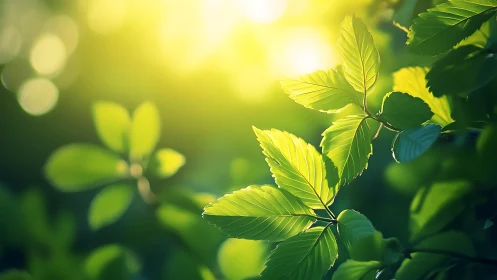 Sunlit green leaves glow softly in a tranquil forest haze
