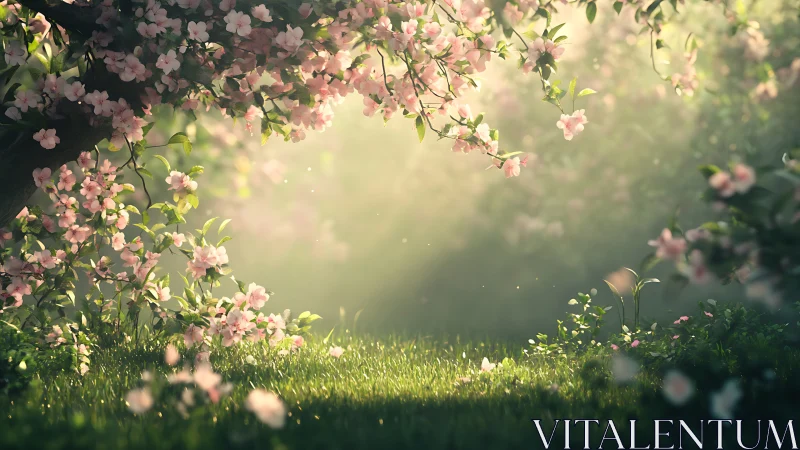 Spring meadow glows under soft sun through blooming branches