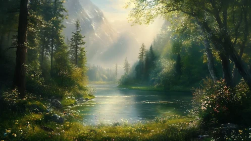 Sunlit Mountain River Flowing Through Ancient Forest Wilderness