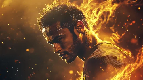 Brooding flame-crowned athlete forged in molten light.