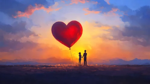 Silhouetted Couple Holds Giant Heart-Shaped Balloon at Sunset.