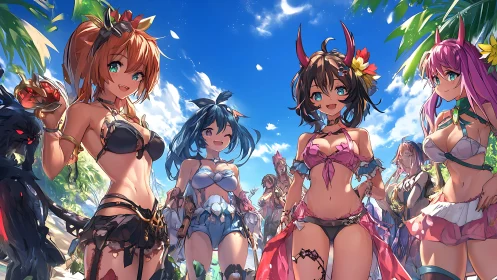 Anime beach party scene shows smiling girls in bikinis