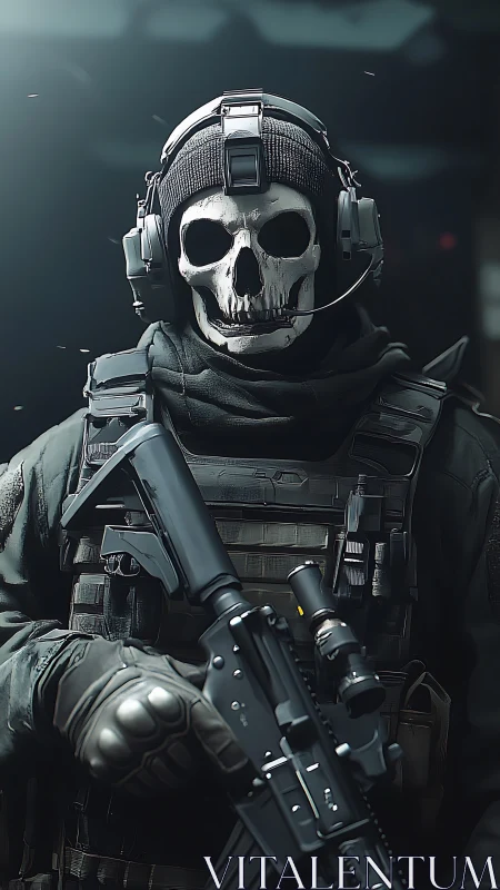 Tactical operator in skull mask holding rifle in gear.