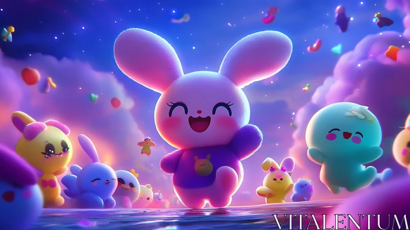 Joyful bunny friends dancing through a dreamy candy sky.