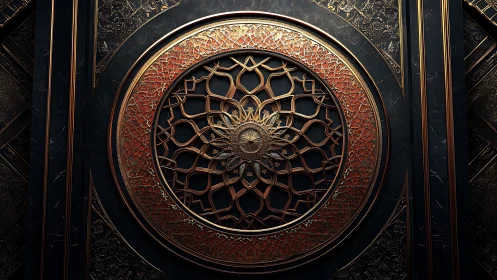 Ornate circular metal mandala with geometric lattice center.