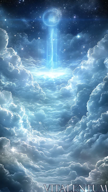 Luminous celestial beam descending through dense clouds.