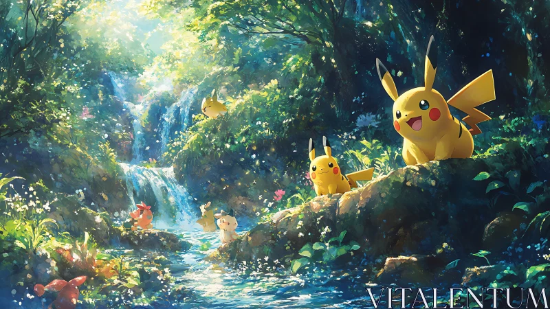 Pokemon characters occupy a dense forest stream environment