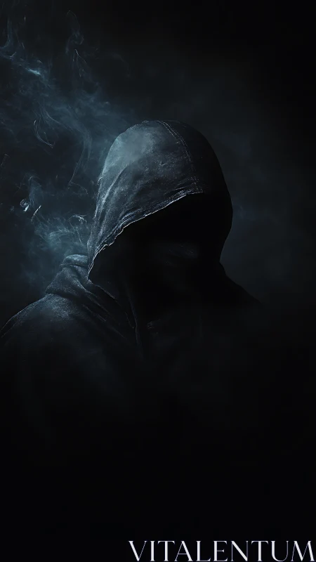 Hooded shadow figure emerges from smoke in deep darkness.