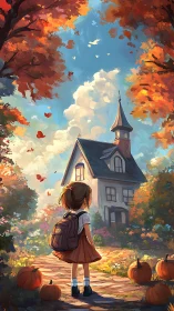 Girl on autumn path approaching white house with tower.