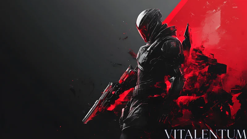 Fierce sci fi warrior emerging from swirling red shadows.