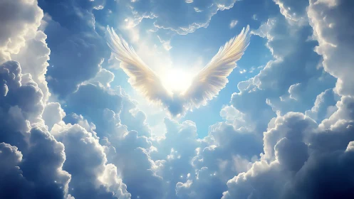 Radiant white wings emerging from bright light in clouds.