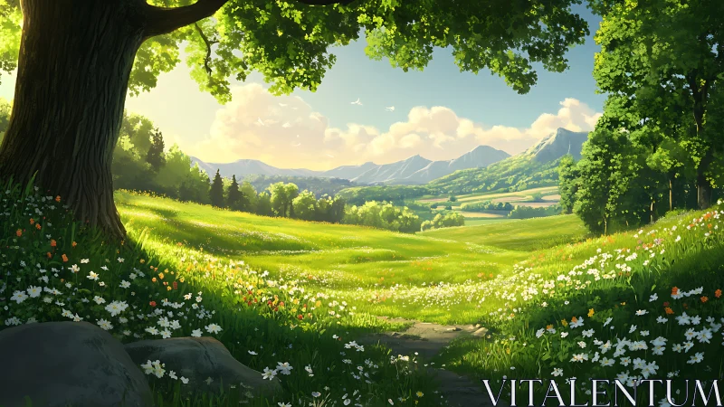 Sunlit meadow path opening toward soft rolling mountains.