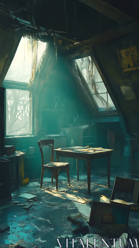 Dusty attic workspace with table, chair, and angled windows.