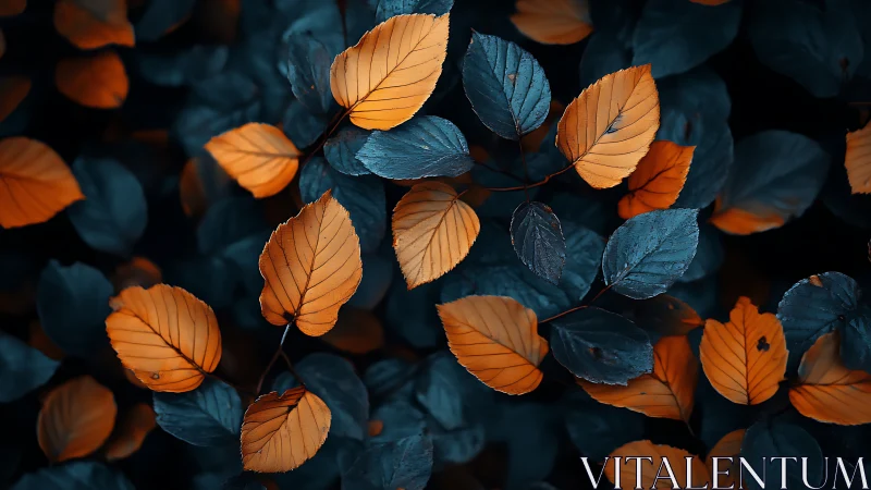 Orange and blue foliage in high contrast autumn pattern.