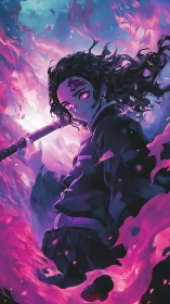 Stormlit warrior wrapped in glowing violet flame magic.