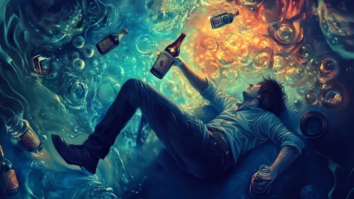 Man submerged in luminous alcohol vortex, bottles swirling.
