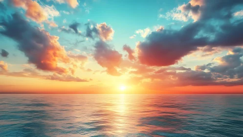 Radiant ocean sunset under luminous coral cloud bands.