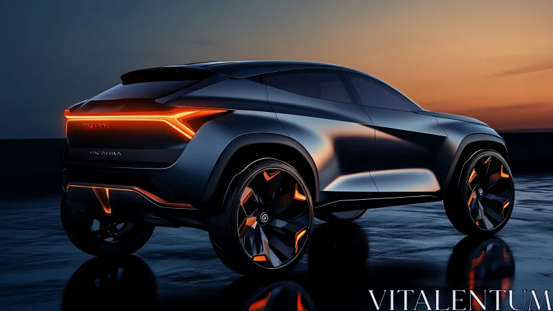 Futuristic electric SUV concept glows against dusk horizon