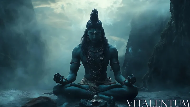 Divine blue figure meditates in misty, sacred mountain silence