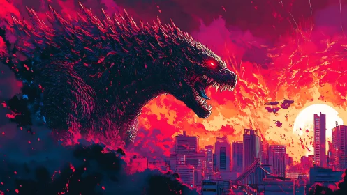 Crimson titan storms neon city beneath burning apocalypse sky.