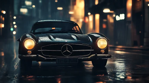 Rainlit vintage Mercedes prowls a cinematic midnight street.