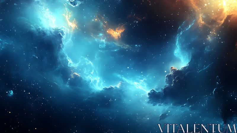 Cosmic blue nebula drifts gently through a glowing starlit sky