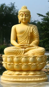 Polished golden Buddha sculpture on tiered lotus pedestal.