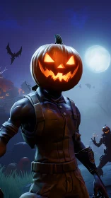Pumpkin-headed soldier stalks spooky moonlit graveyard