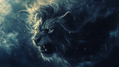 Stormlit lion spirit roars fiercely through swirling night sky