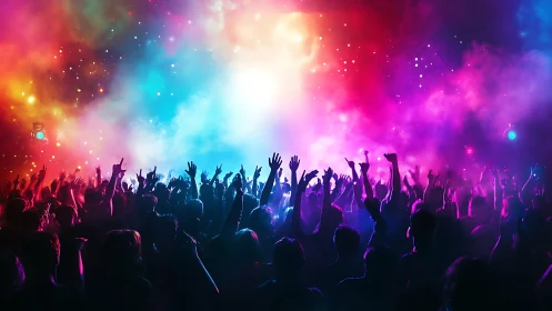 Crowd raises hands under dense multicolor concert lighting