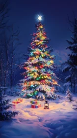 Snowy forest Christmas tree with glowing lights at night.