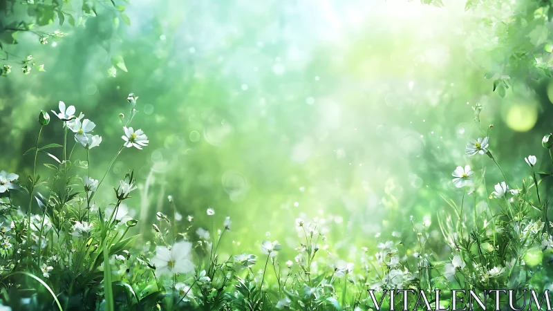 Luminous Garden Dream: White Flowers Dance Through Spring's Ethereal Glow.