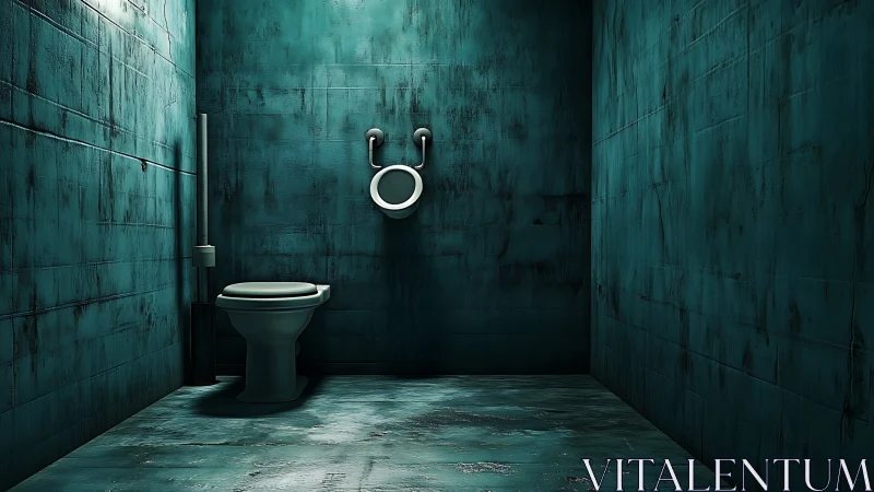 Moody teal bathroom with a lone toilet and quiet shadows.