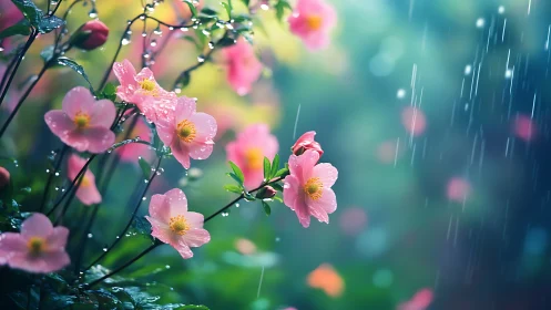 Pink Peony Blossoms Dance in Gentle Rain