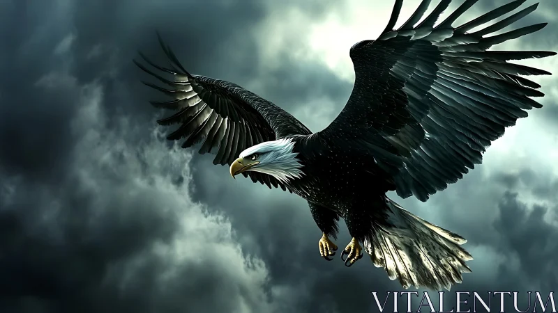 Majestic Bald Eagle Soaring Amid Dramatic Stormy Skies Digital Art.