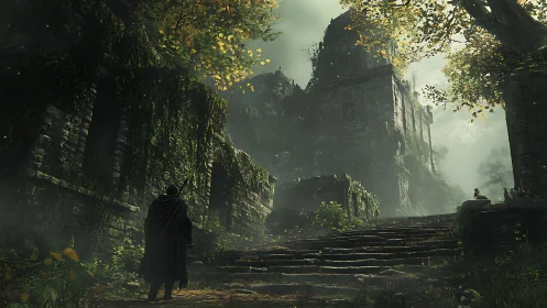 Hooded wanderer enters misty overgrown ruin at dawn