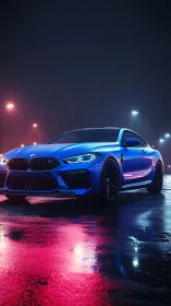 Electric blue sports coupe glows on neon-soaked wet street.