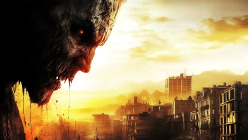 Decayed zombie profile dominates a sunlit post-apocalyptic city